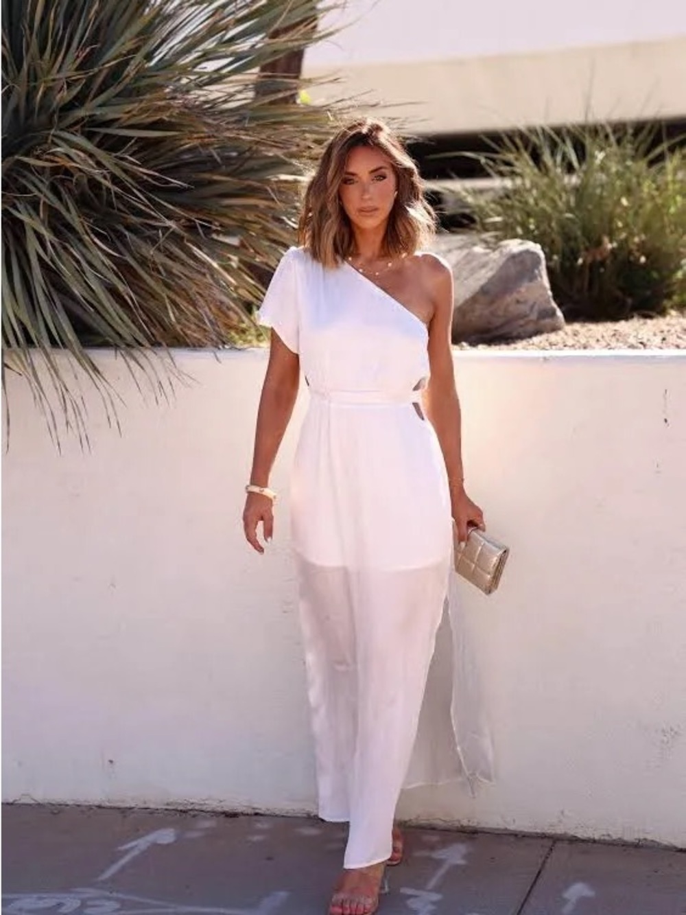 Promesa One-Shoulder White Maxi Dress with Side Cutout